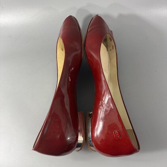 100% Authentic CHANEL Red Patent Mirrored Peep Toe Flats, Size 40 - Picture 7 of 14